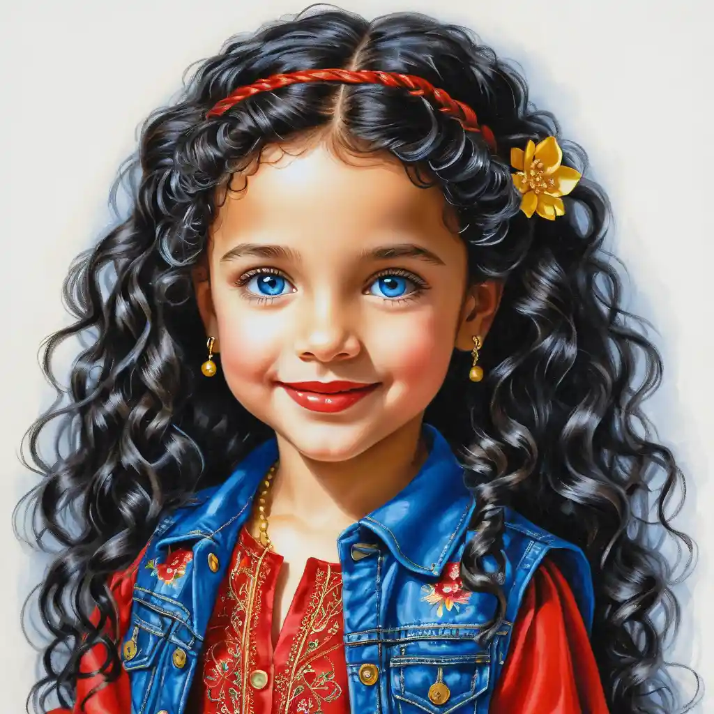 Smiling girl with braided black hair in shiny gold blouse