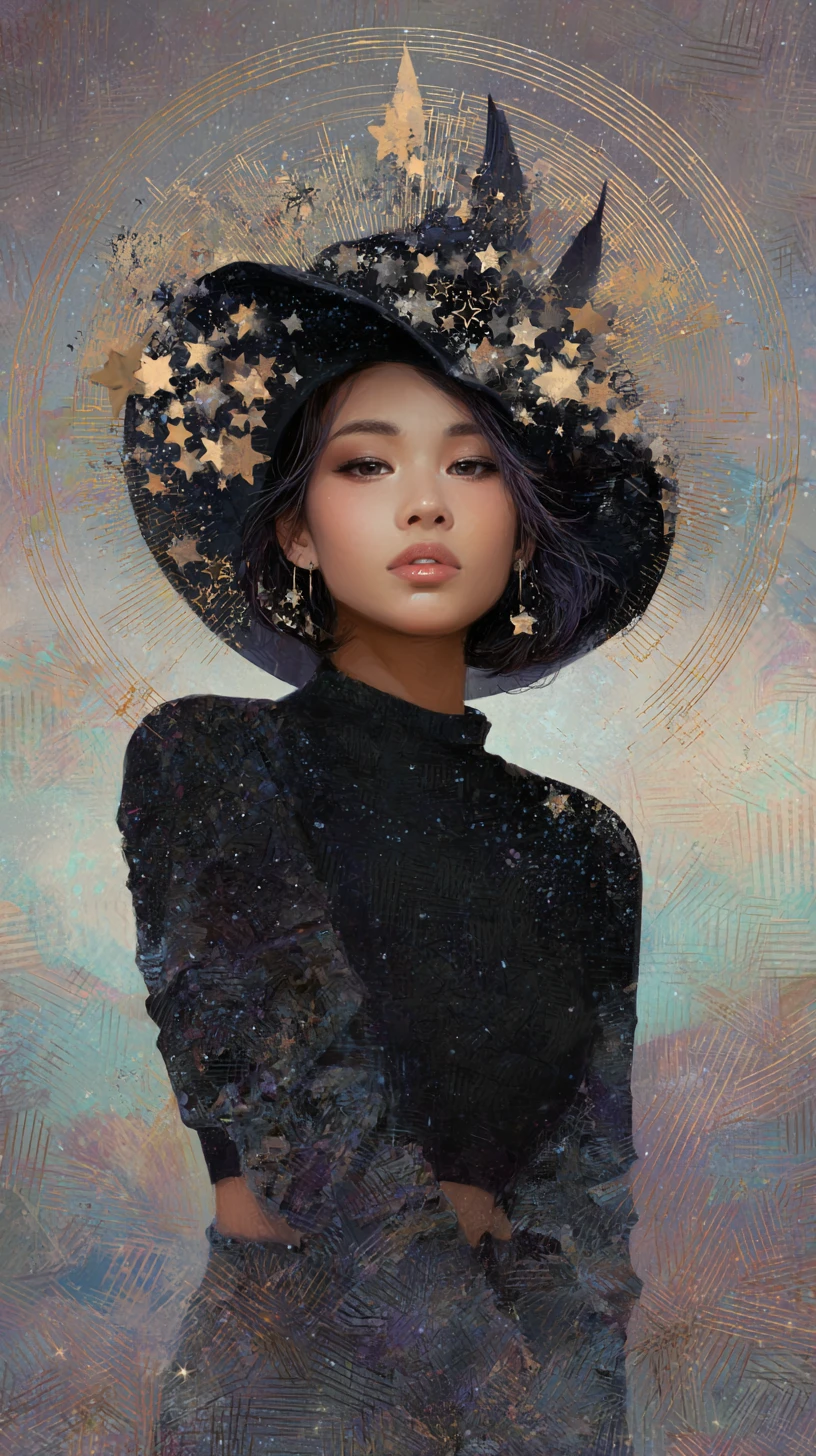 Mystical fairy in celestial hat and modern streetwear