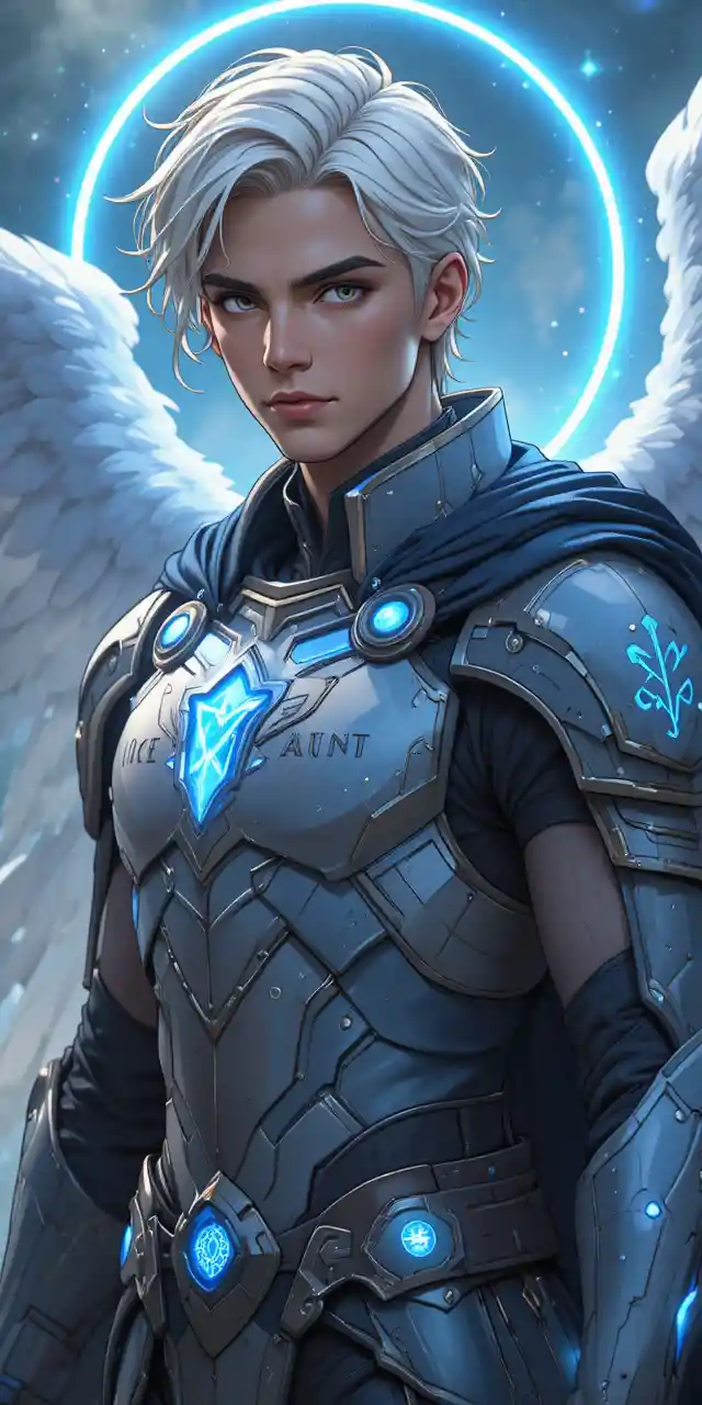 Fantasy guardian man in glowing rune armor illustration