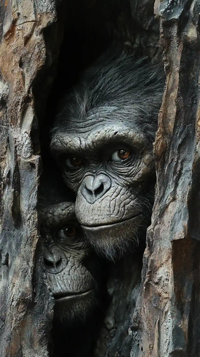 Layered primate faces emerging from deep shadow