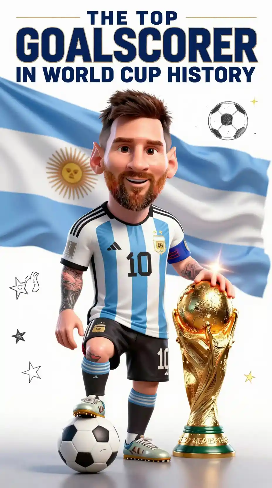 Caricature soccer legend with bold title typography