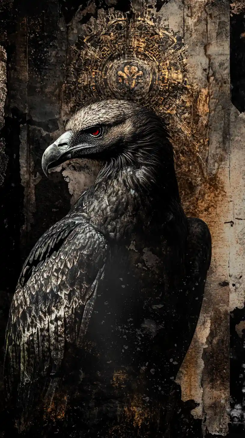 Somber vulture with symbolic patterns in dark abstract space