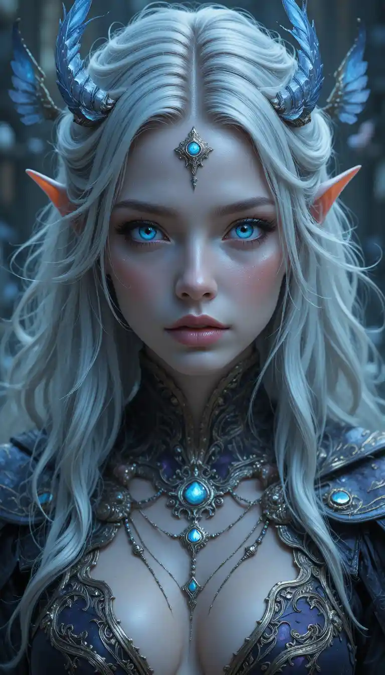 Silver haired wolf eared woman in black and violet robe