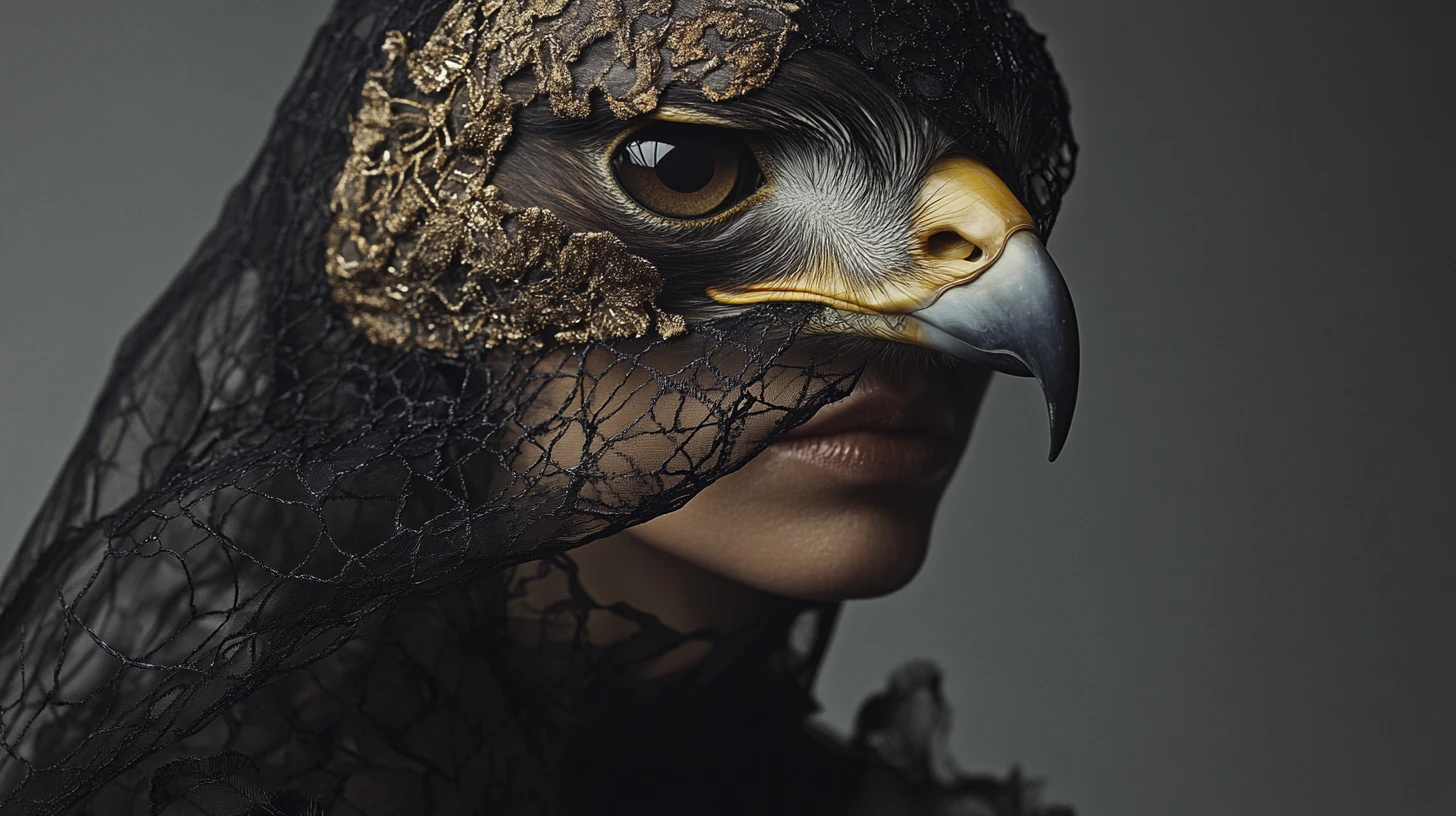 High fashion figure posing with a hawk in abstract halos