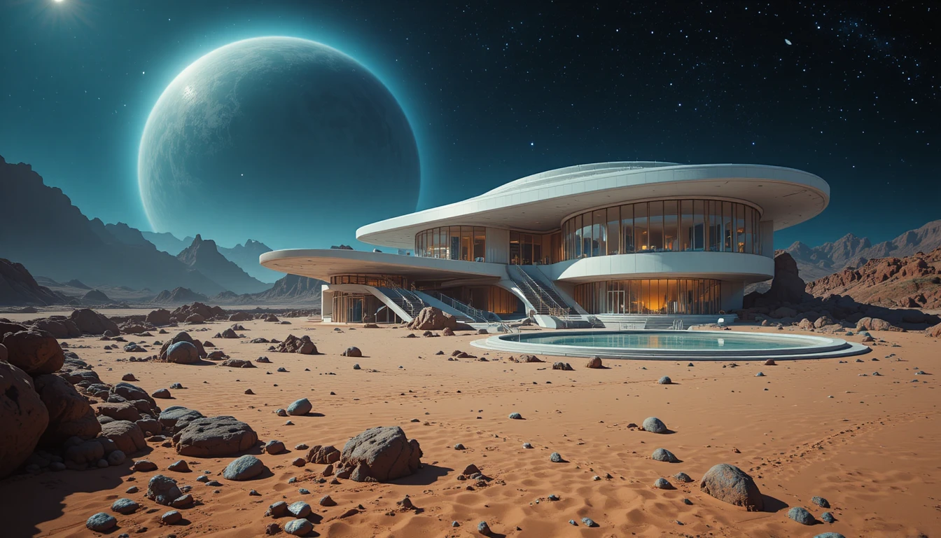 Futuristic villa on an alien beach under distant skies