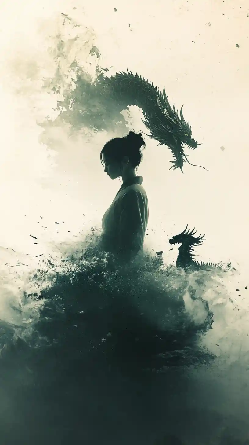 Minimalist figure with small dragon in negative space
