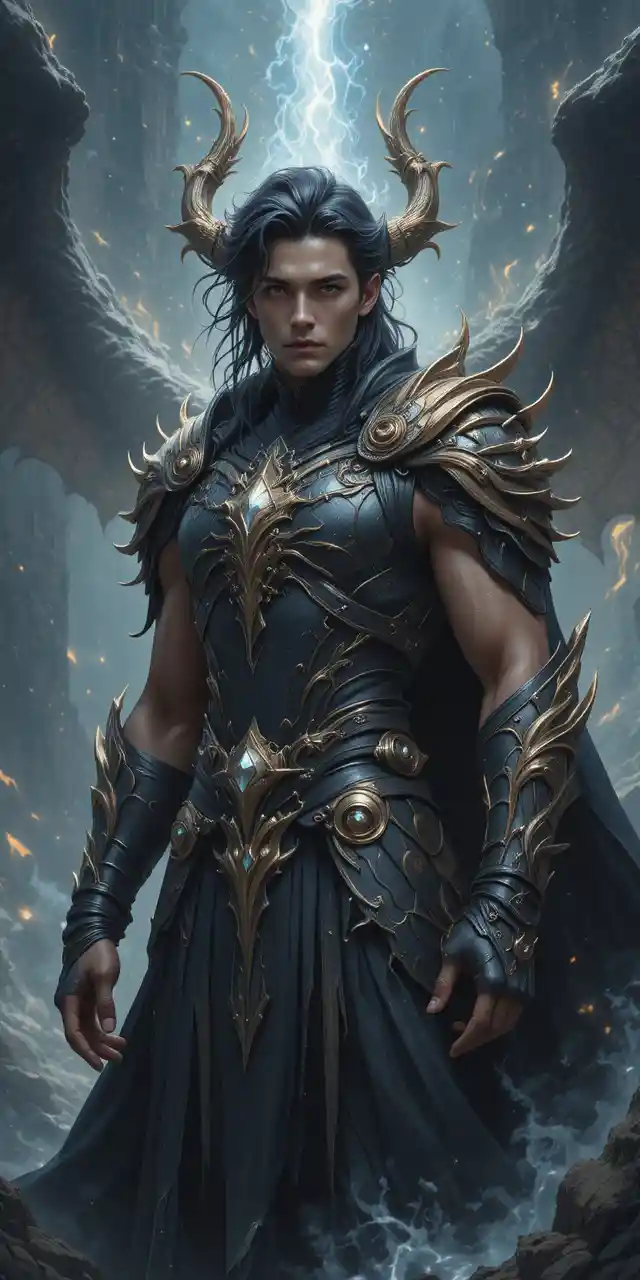 Muscular dragon horned warrior in black and gold armor