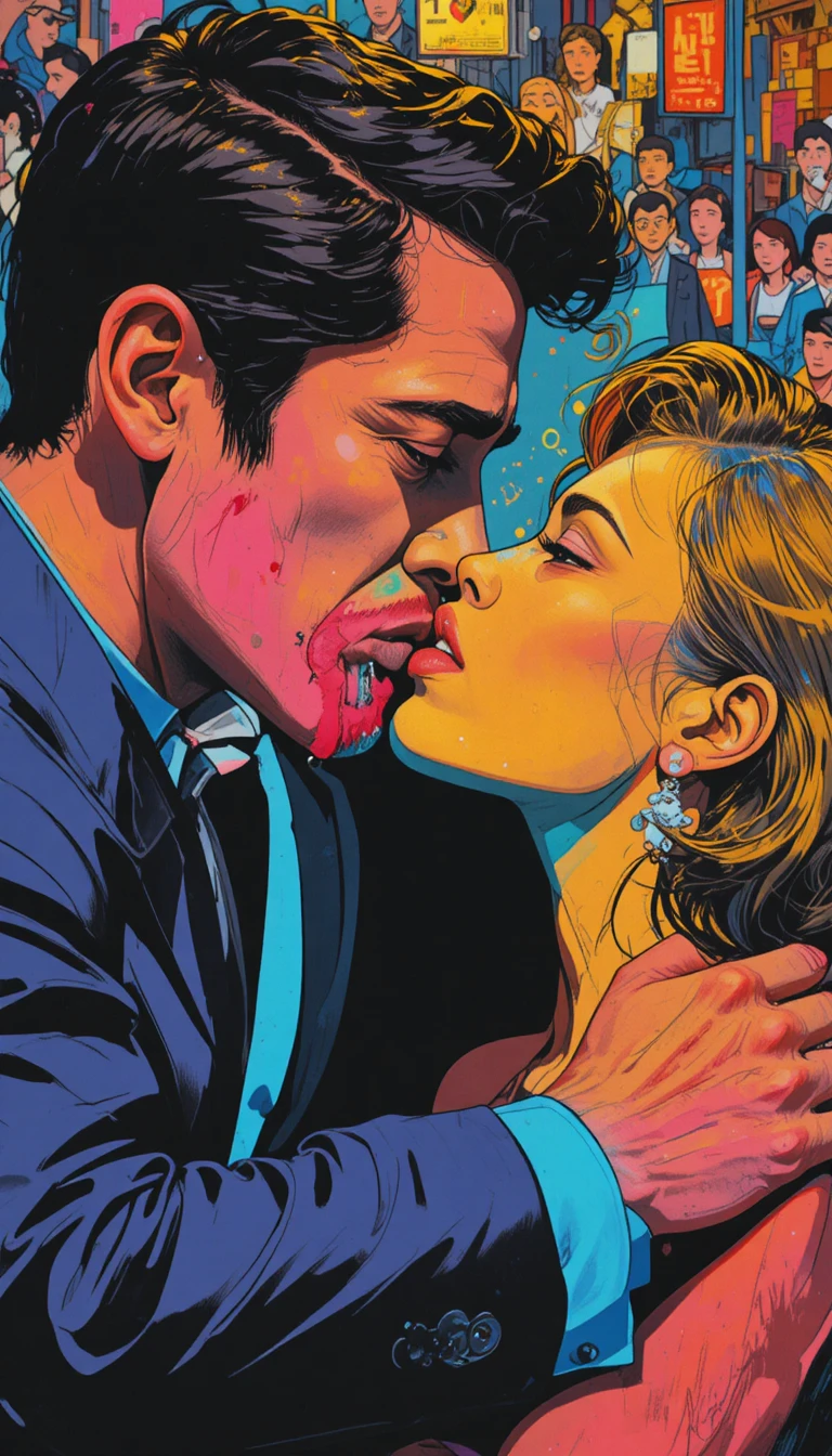 Passionate kiss shared by a couple in a public celebration