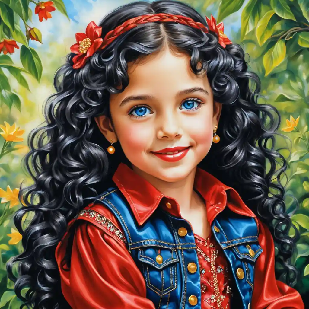Smiling girl with long curly hair in gold satin blouse