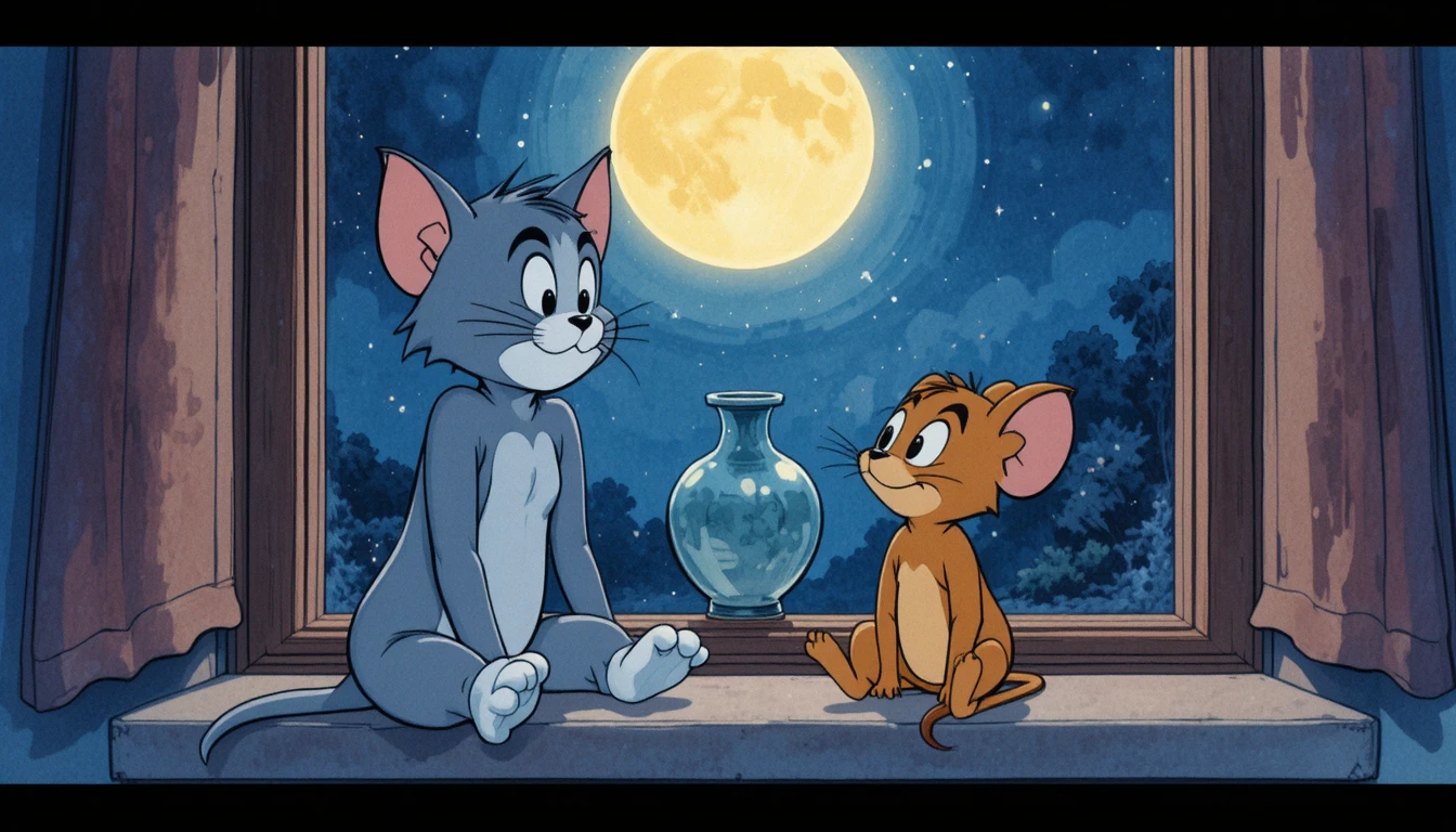 Cartoon cat and mouse resting together on moonlit windowsill