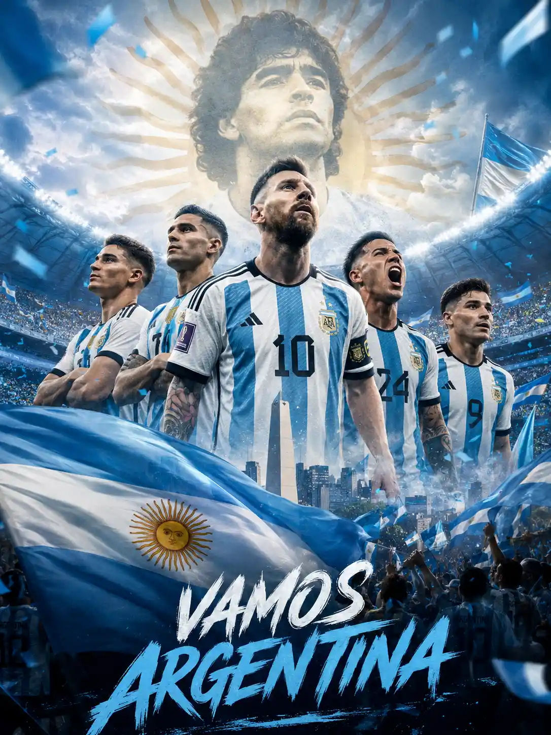 Argentina football squad posing with bold stadium backdrop
