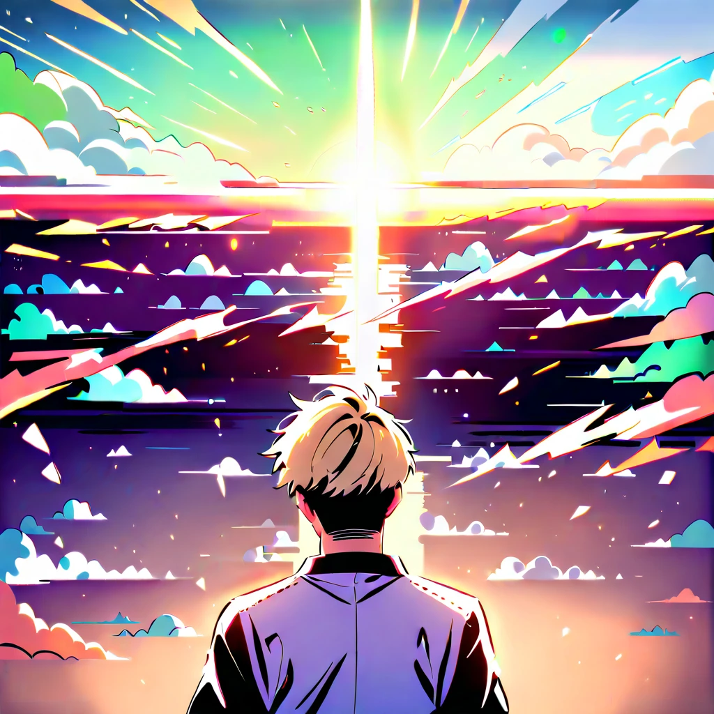 Smiling anime man in green kimono at fantasy sunset