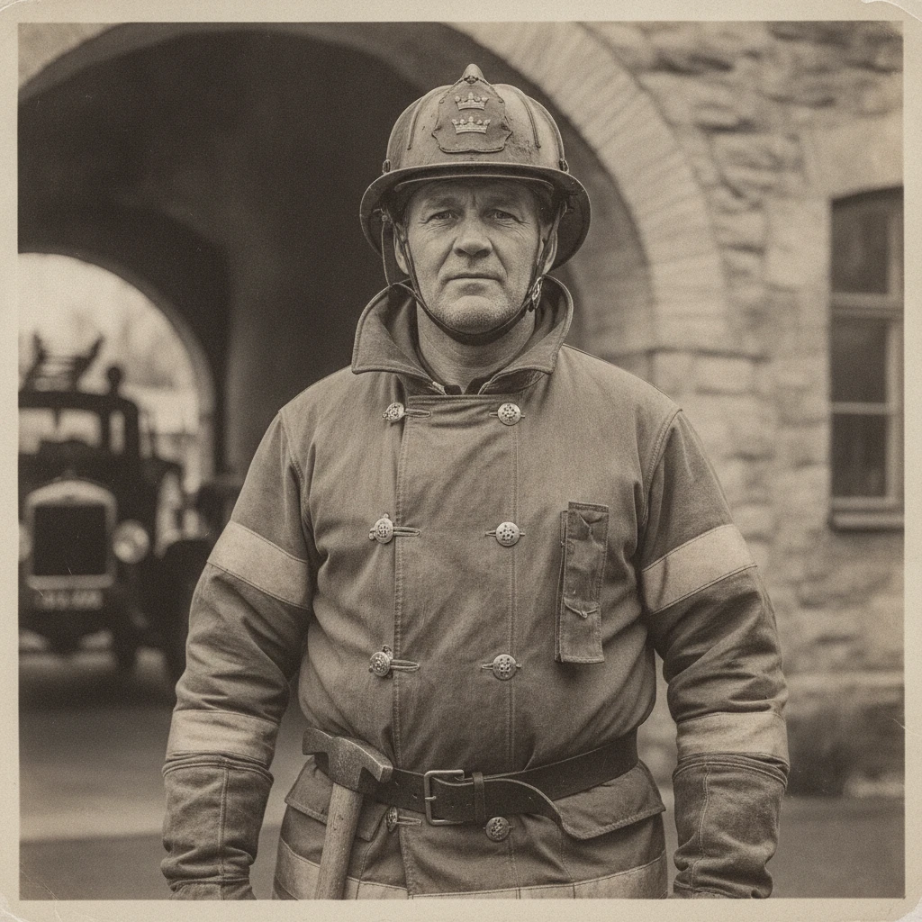 Vintage portrait of a proud Swedish firefighter on duty