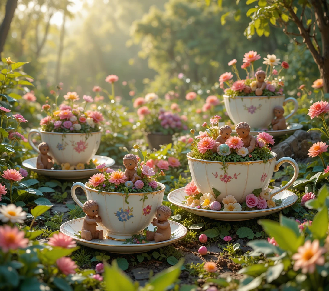Enchanted dessert garden with blooming teacups and candies
