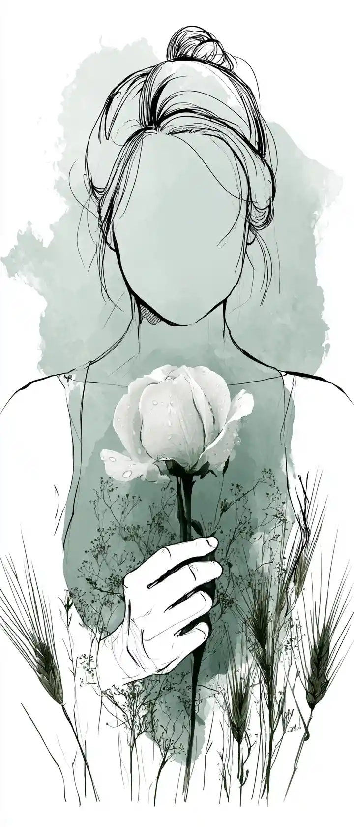 Girl holding white rose in minimalist ink illustration