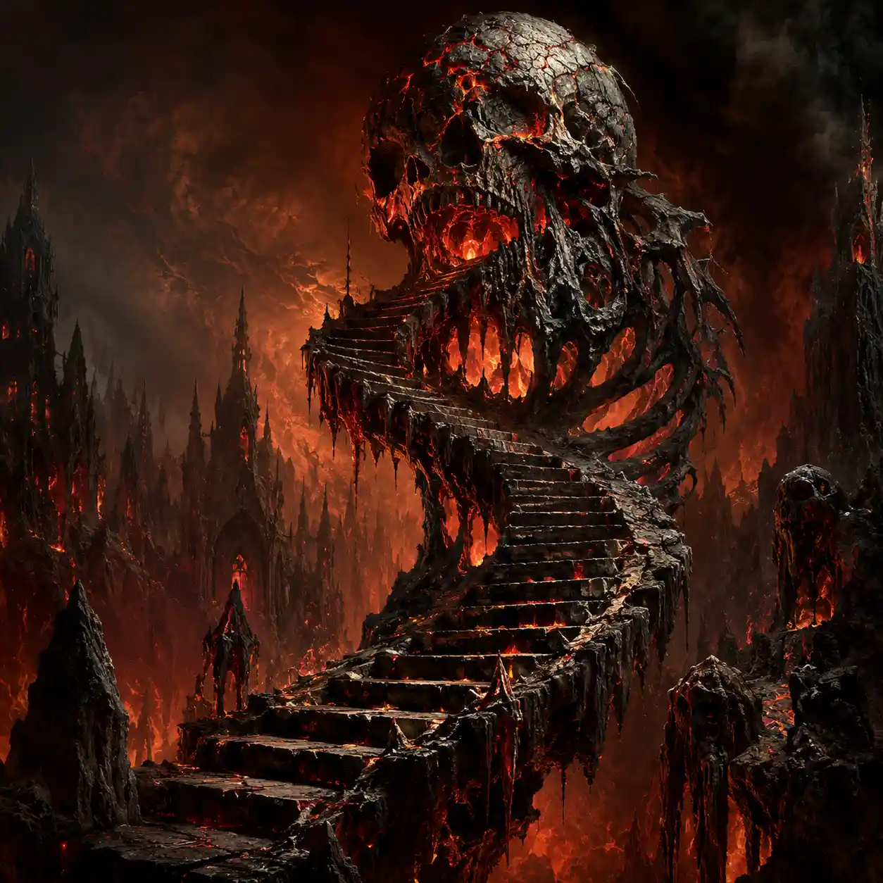 Skeletal stone demon forming a blazing infernal staircase