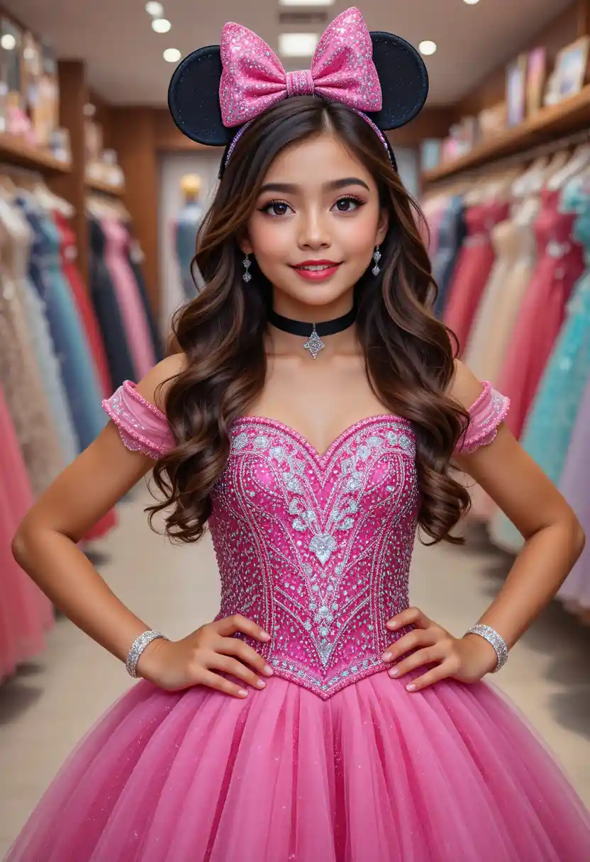 Confident girl in pink Minnie dress at boutique