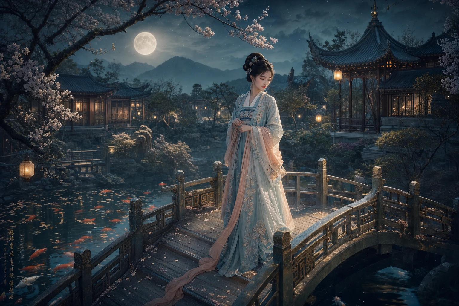 Mujer china en un puente en jardín con estanque de koi a la luz de la luna