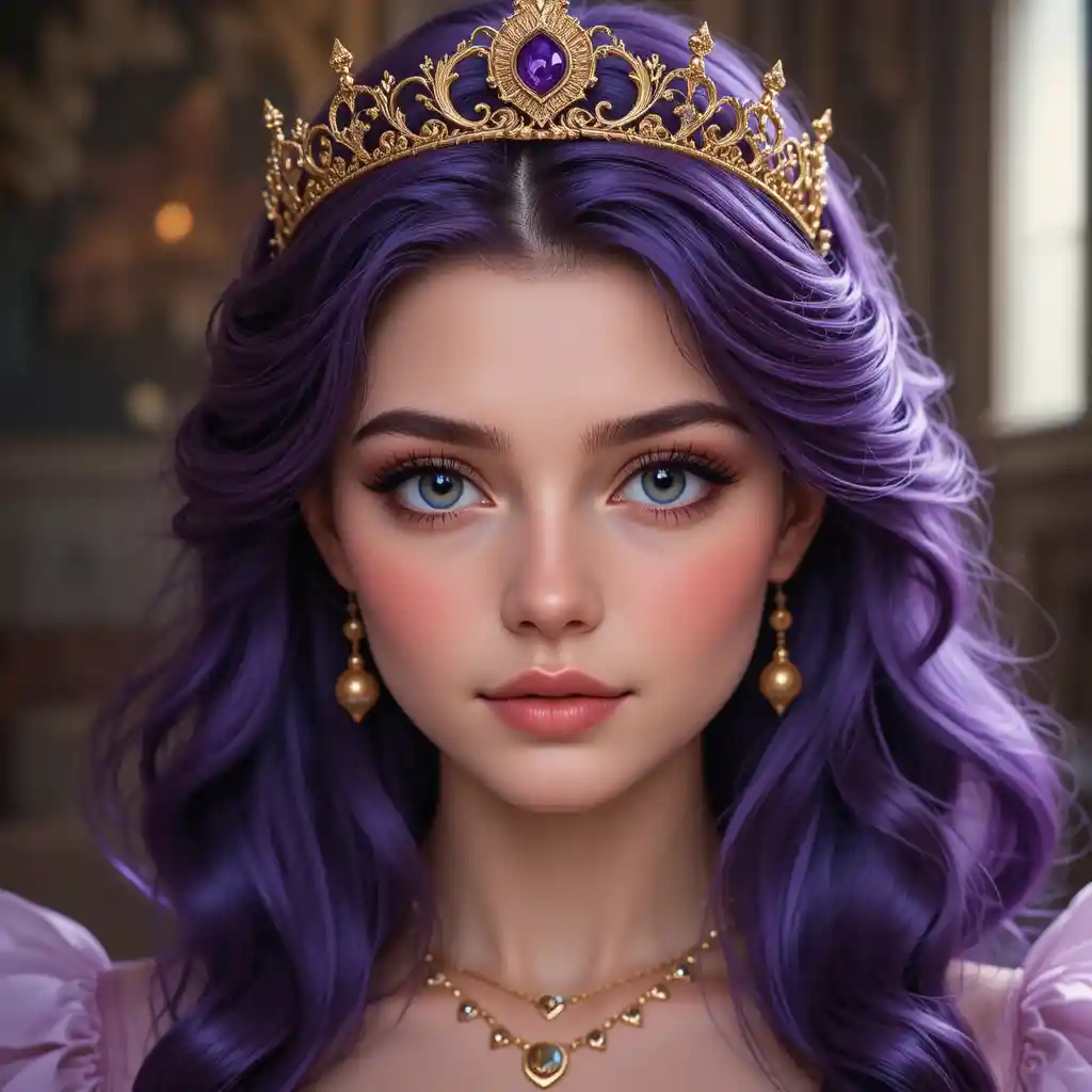 Young purple haired princess with jeweled crown and necklace