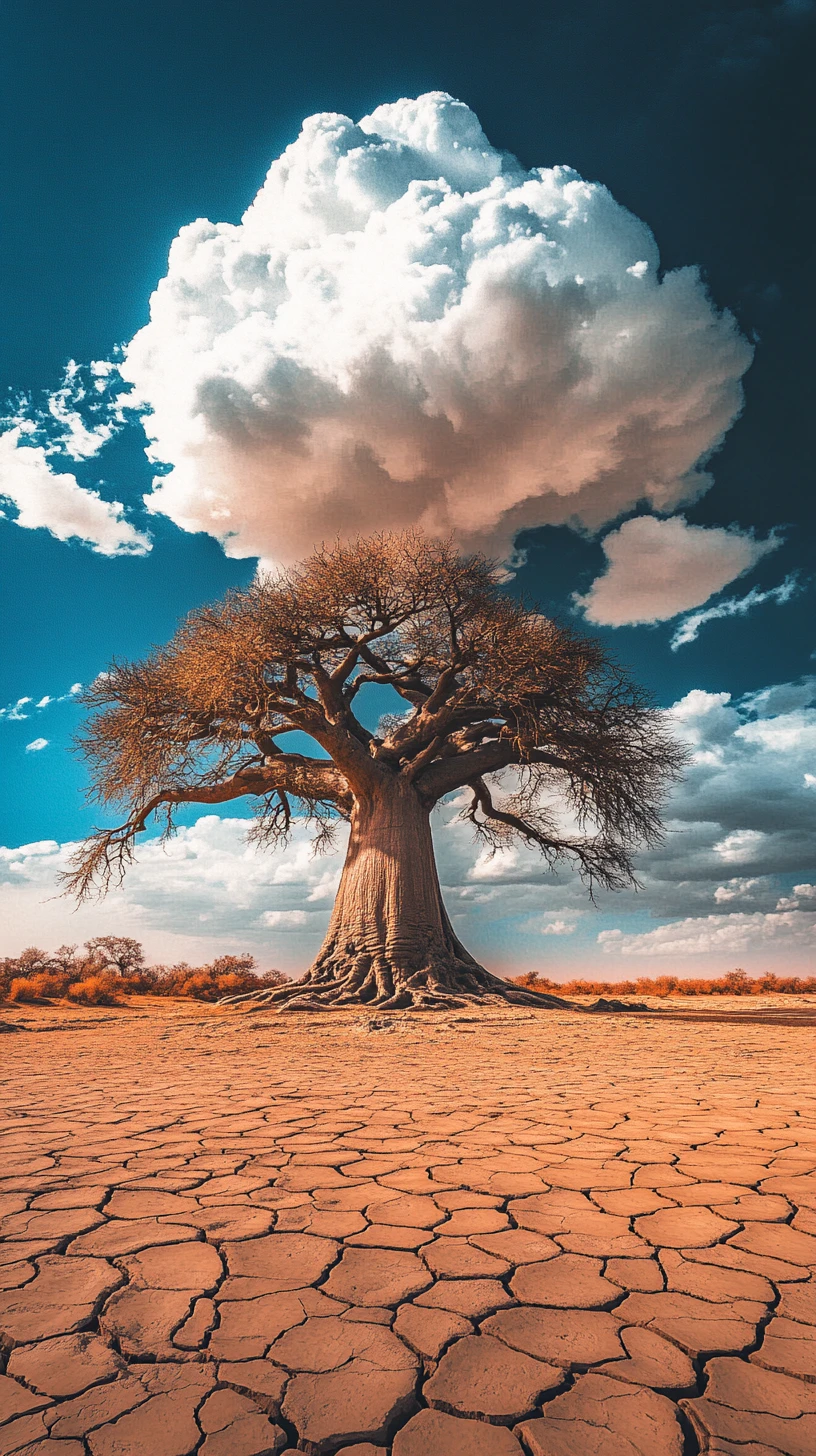 Ancient baobab tree under a colossal desert cloud