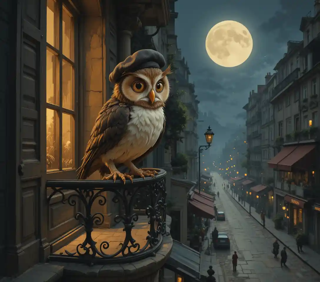 Civetta fiabesca su un balcone di Parigi sopra una strada al chiaro di luna