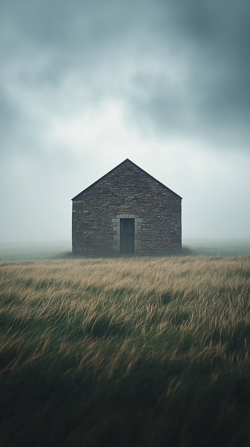 Foggy meadow with an abandoned stone chapel at dawn