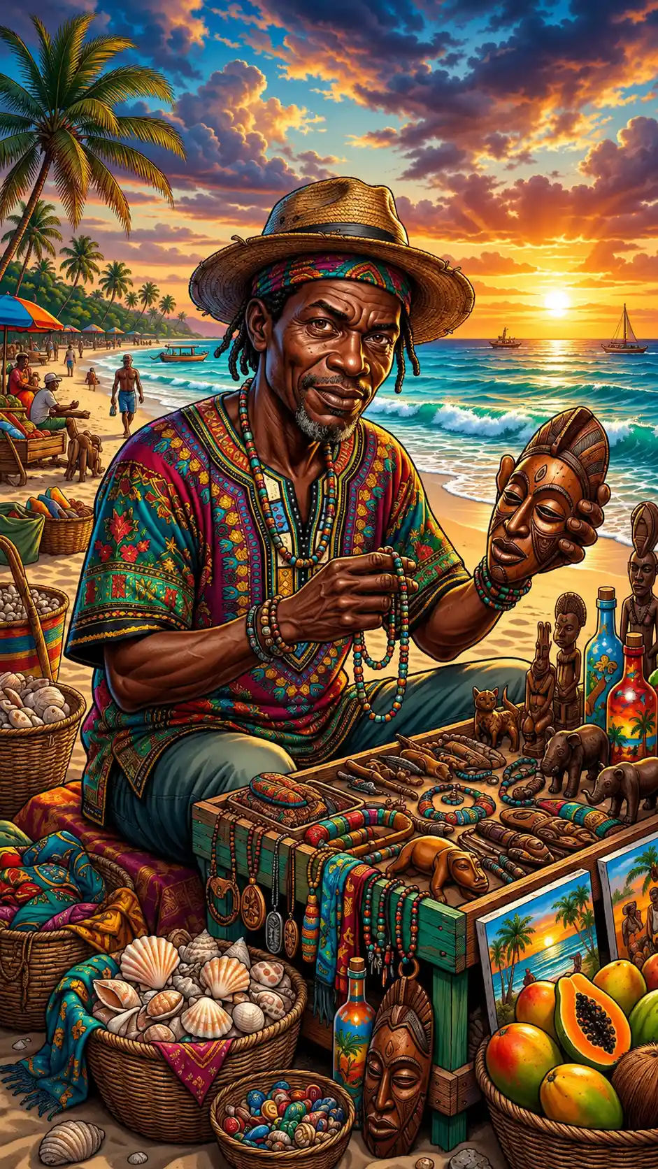 Sly street vendor portrait on a vivid tropical beach