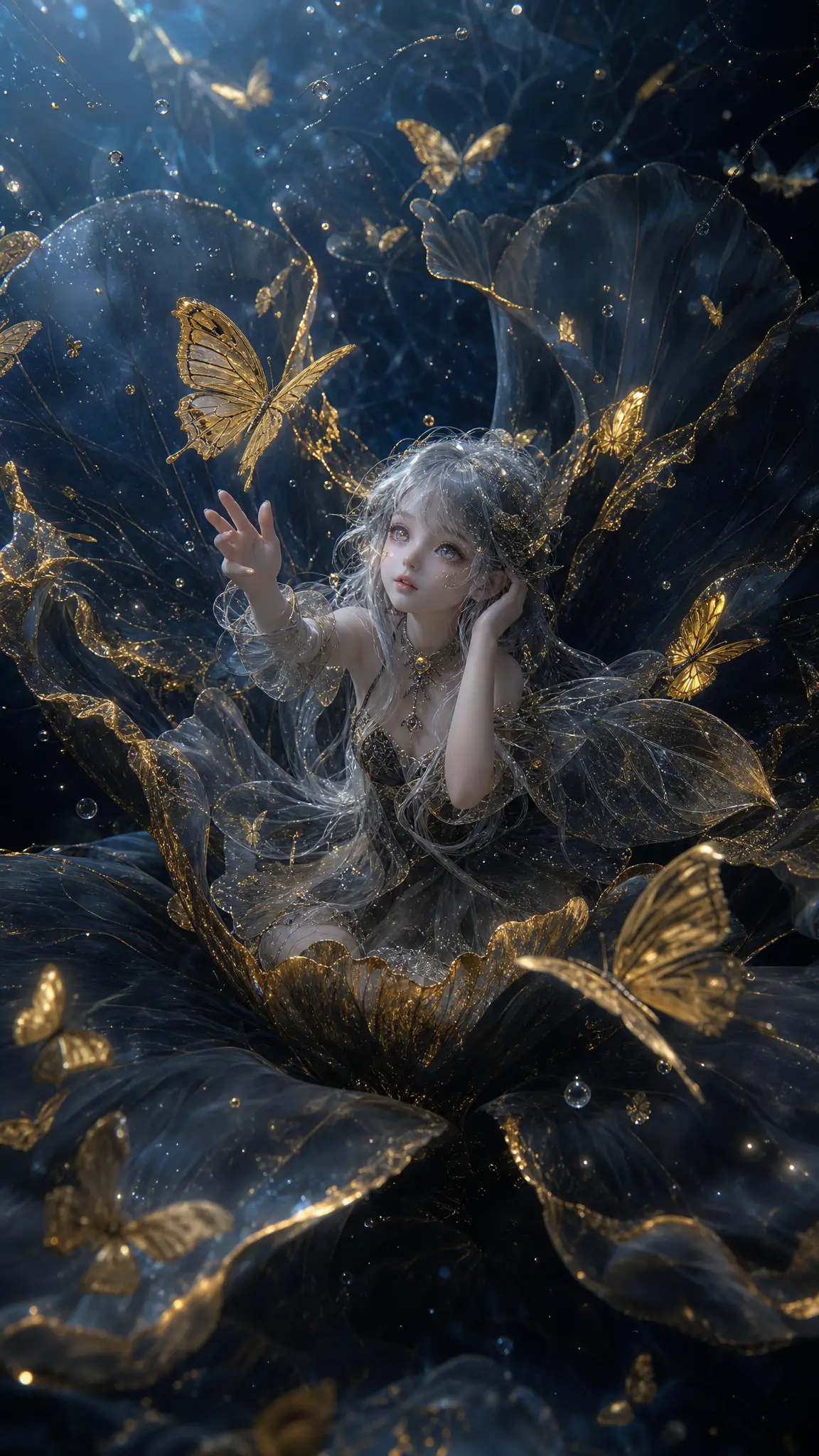 Ethereal fairy within a vast translucent underwater flower