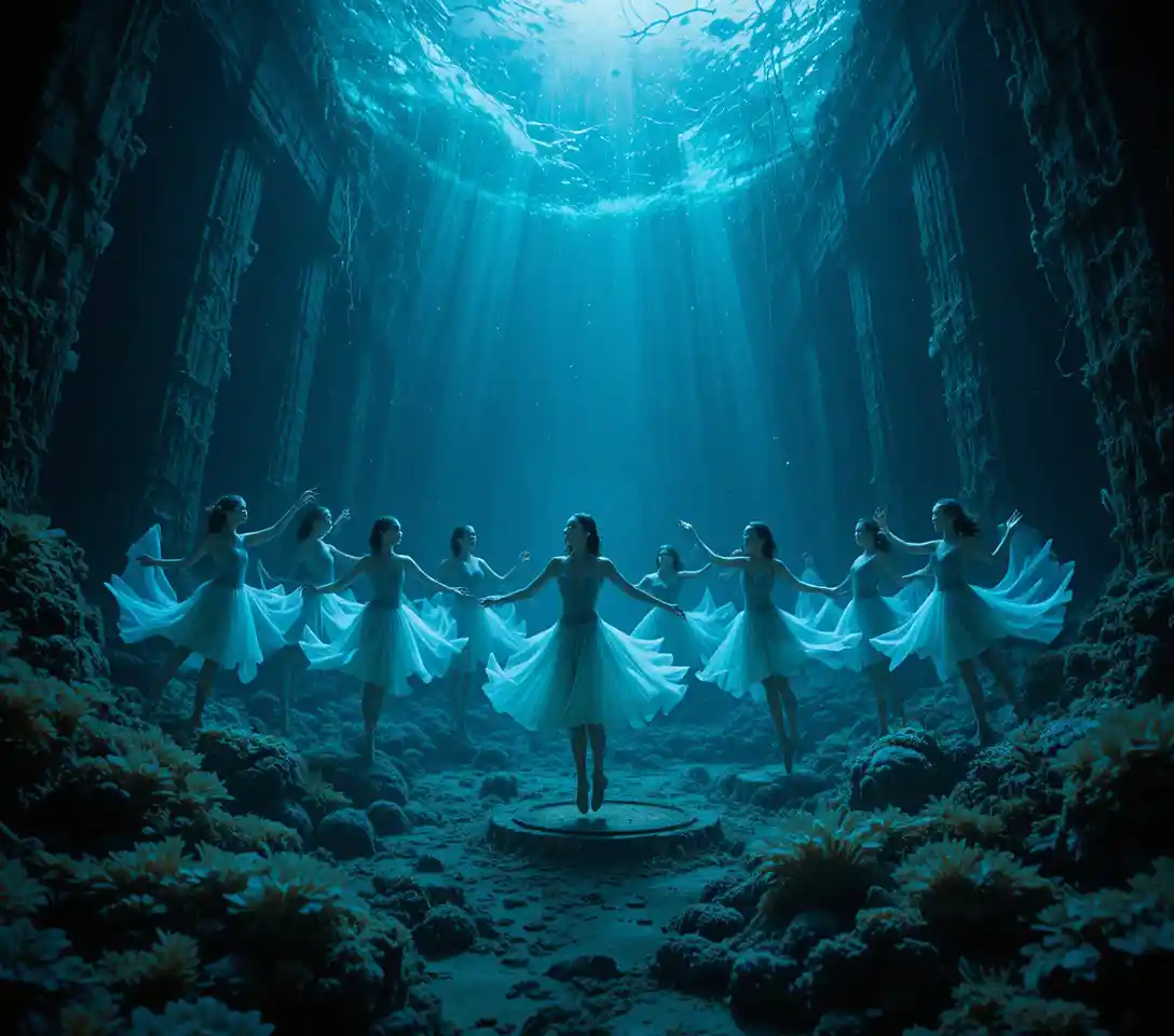 Underwater mermaid ballet in ancient submerged ruins