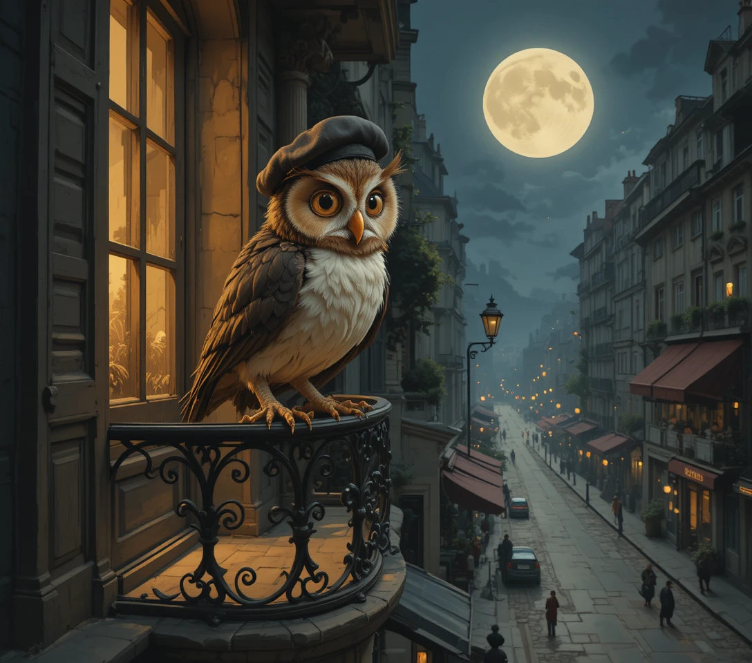 Whimsical owl on a Paris balcony above a moonlit street