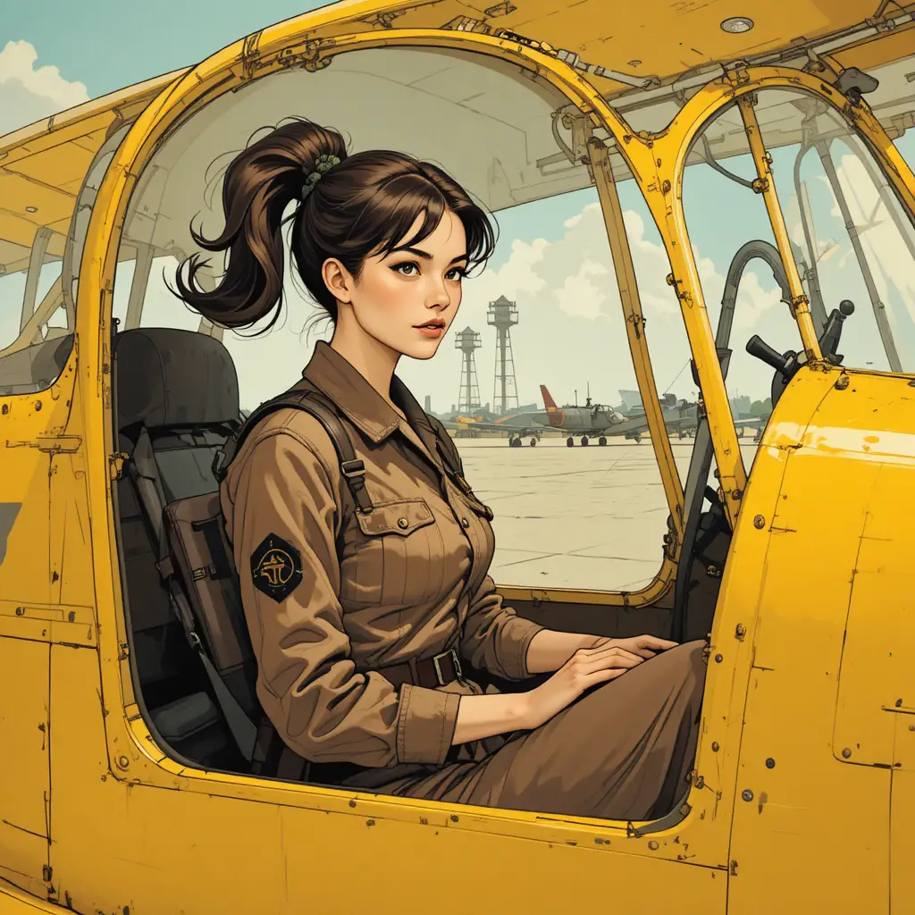 Mujer piloto en la cabina de un biplano amarillo en un aeródromo vintage