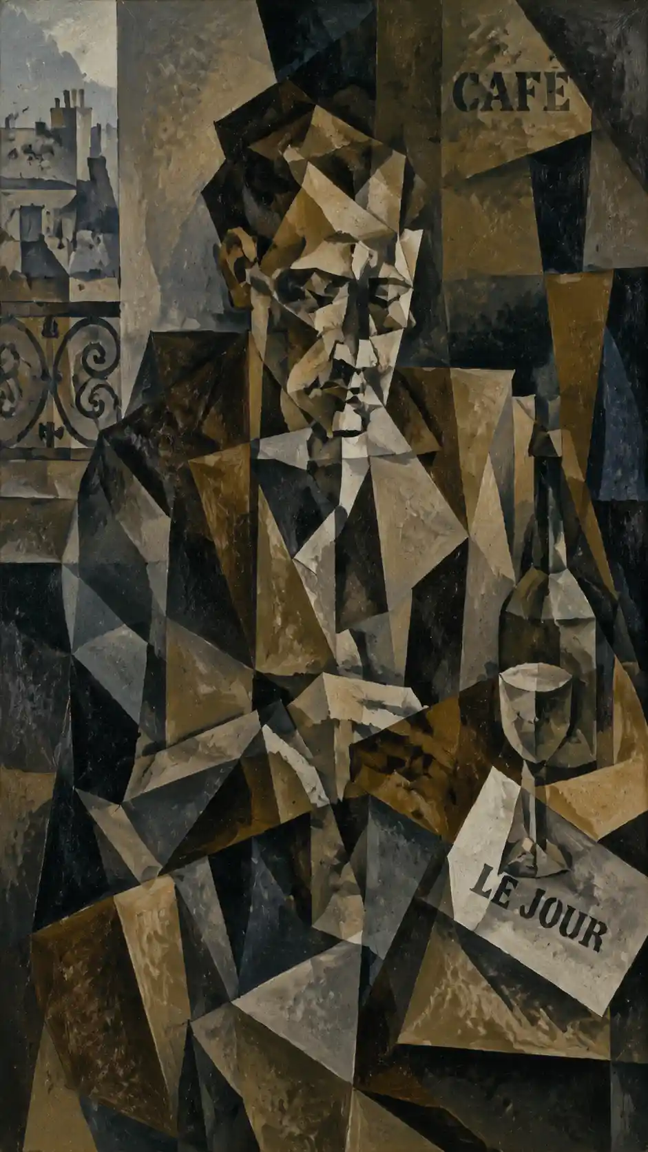 Cubist fragmented man in a dynamic geometric composition