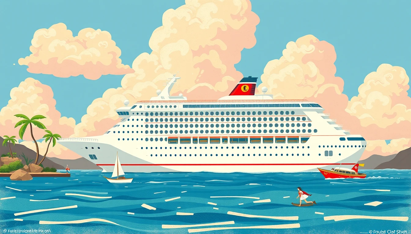 Colorful neon cruise ship scene in playful graphic style