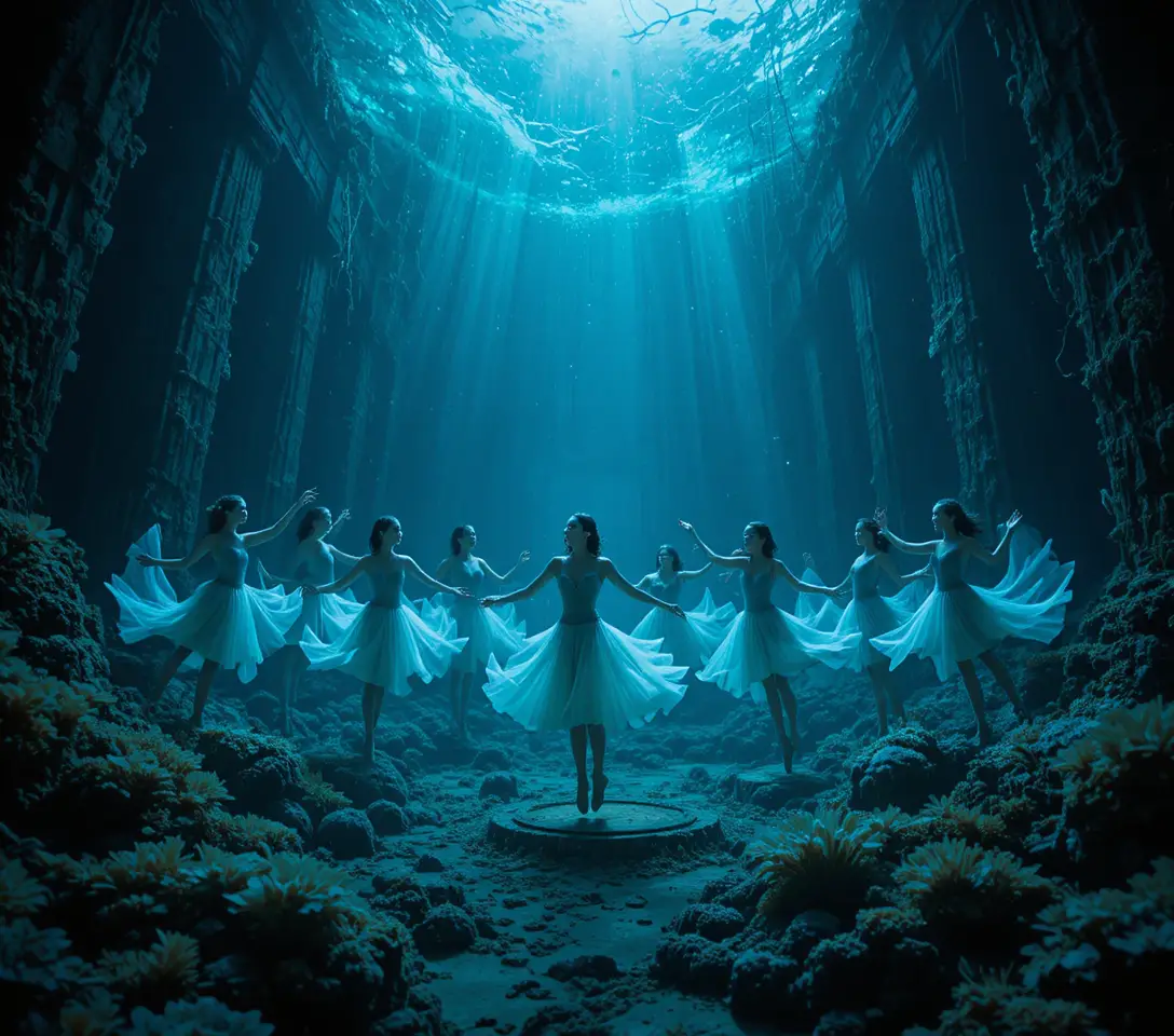 Underwater mermaid ballet in ancient submerged ruins