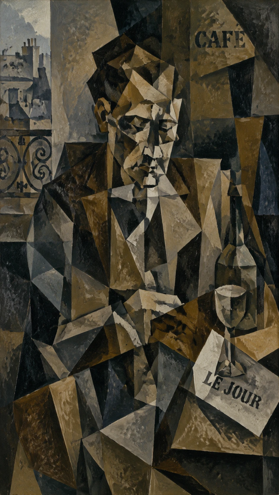 Homme fragmenté cubiste dans une composition géométrique dynamique