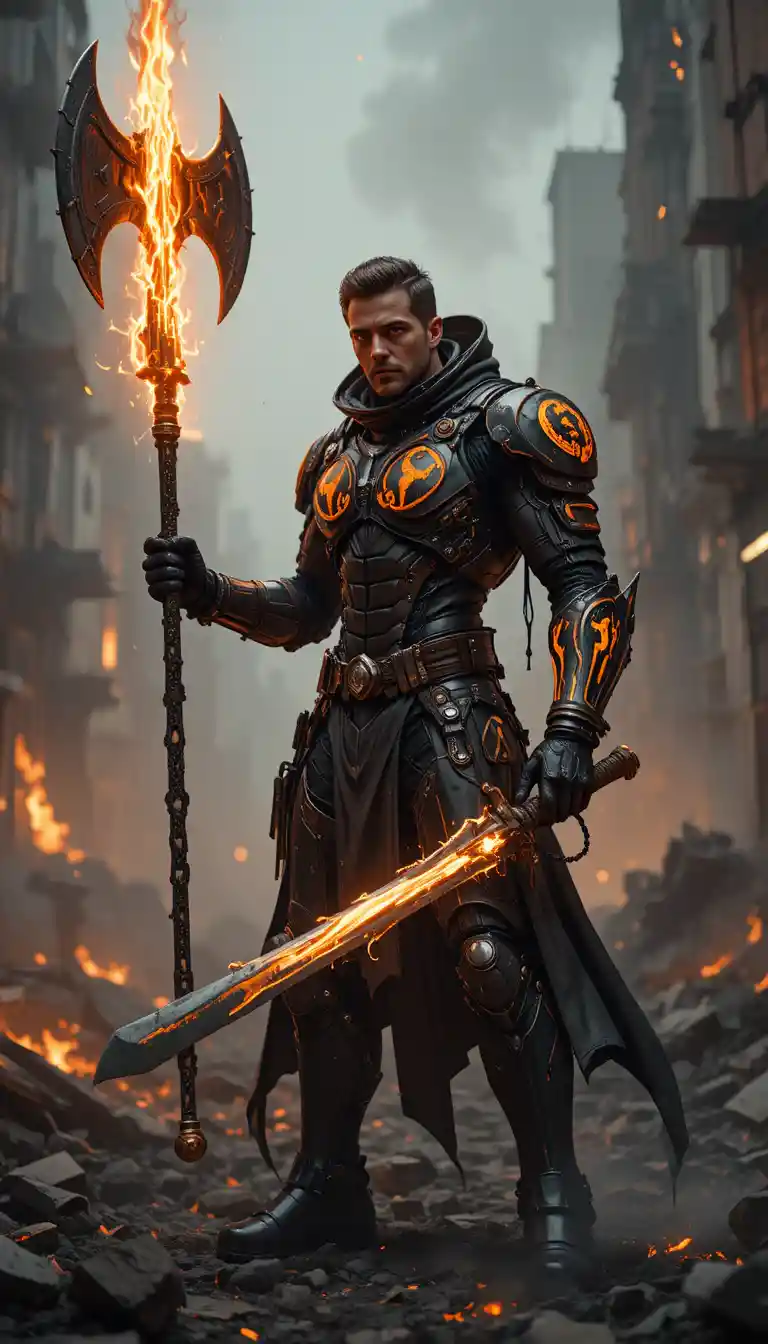 Armored warrior with glowing chain sword in ruined city