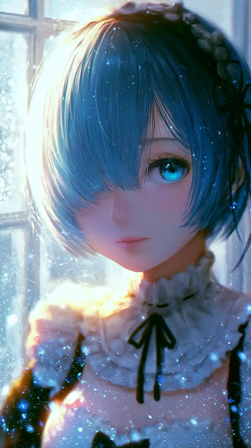 Anime maid girl close up by a frosted window