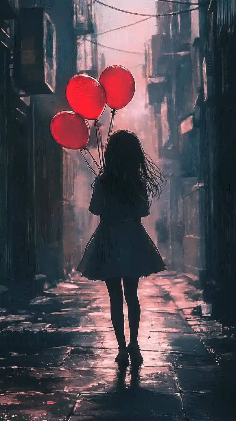 Young girl with red balloons on a rainy city street