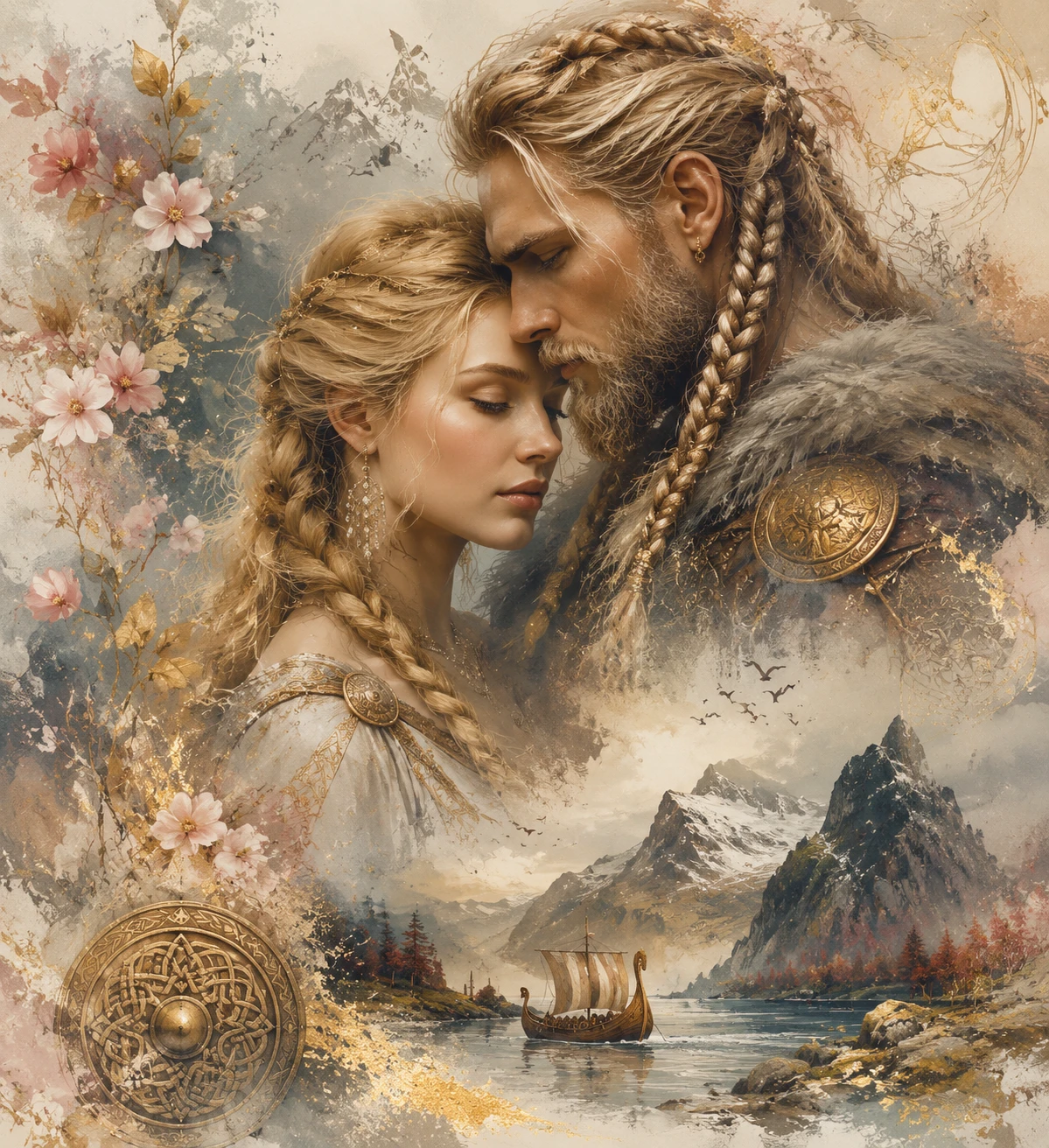 Viking couple close up in soft scandinavian landscape art