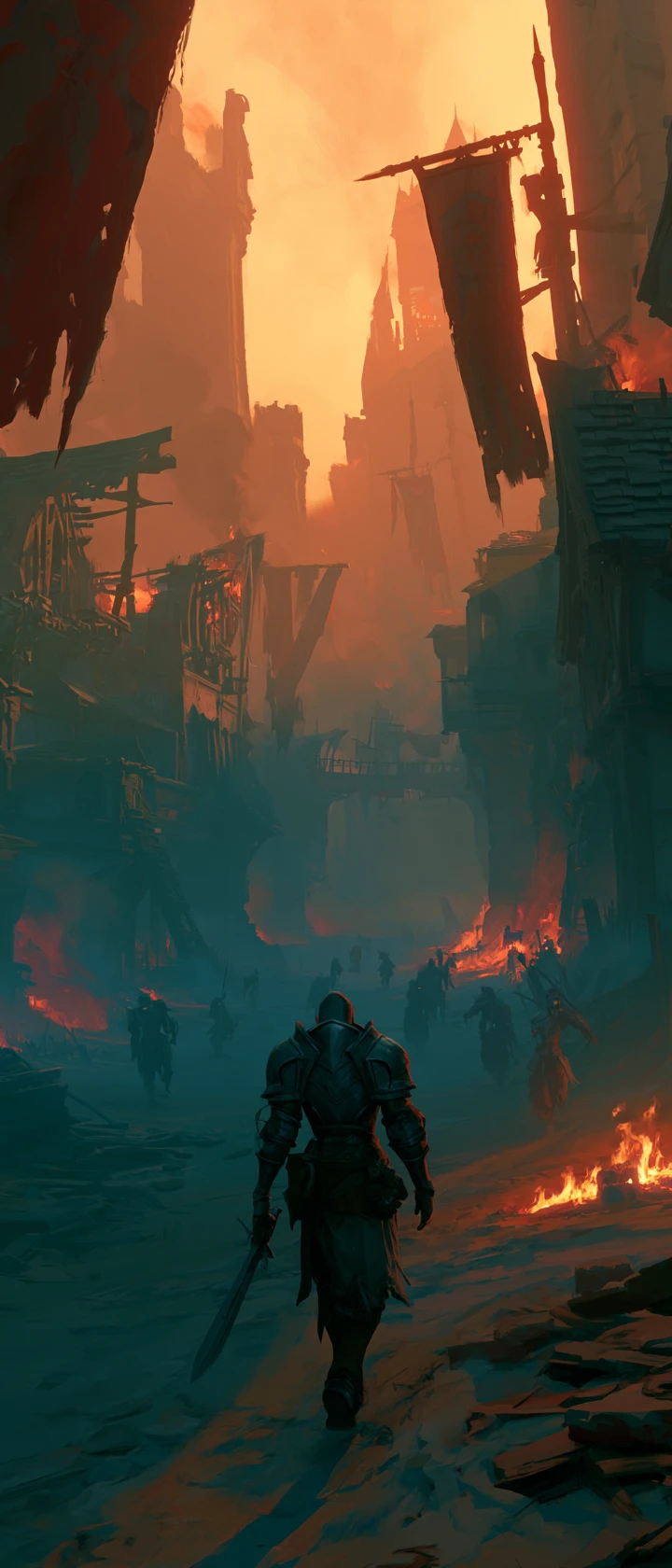 Armored warrior walks through burning undead infested city streets