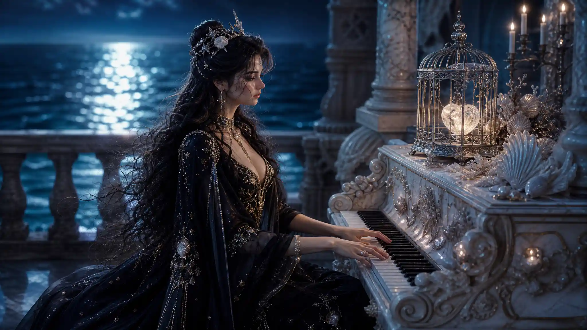 Serene sea goddess at marble seashell piano by moonlit water