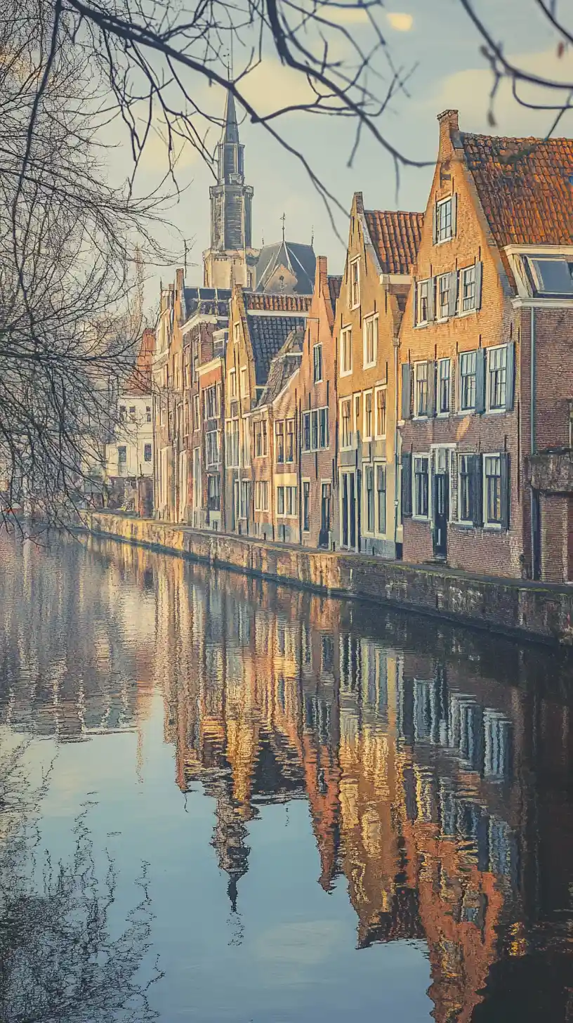 Historic Dutch riverside town in mixed media illustration