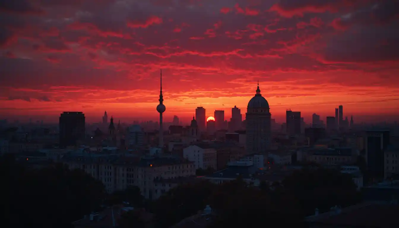 Berlin city skyline in dark silhouette at sunset