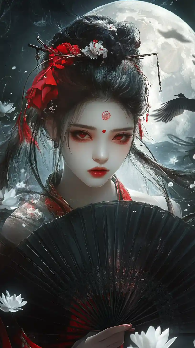 Mystical anime woman with fan under moonlit sky
