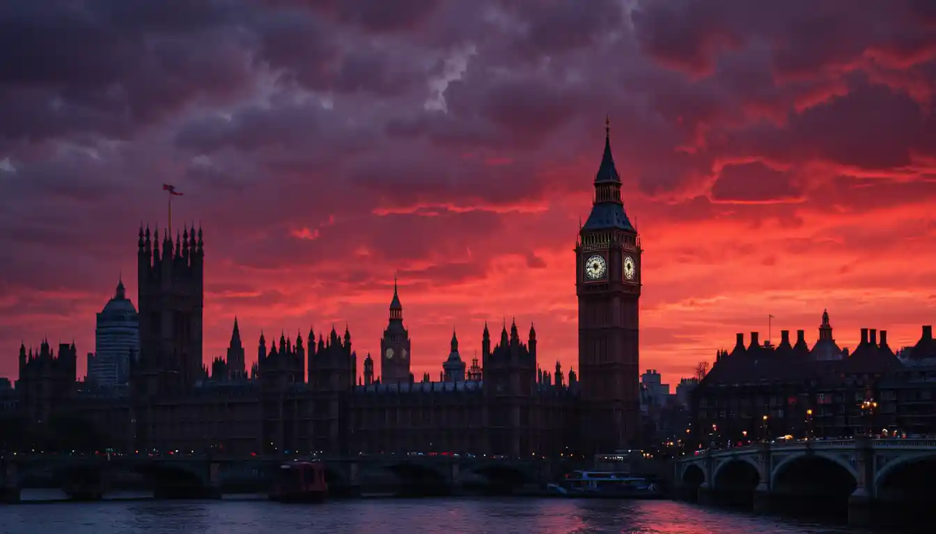 London city skyline at sunset with illuminated clock tower