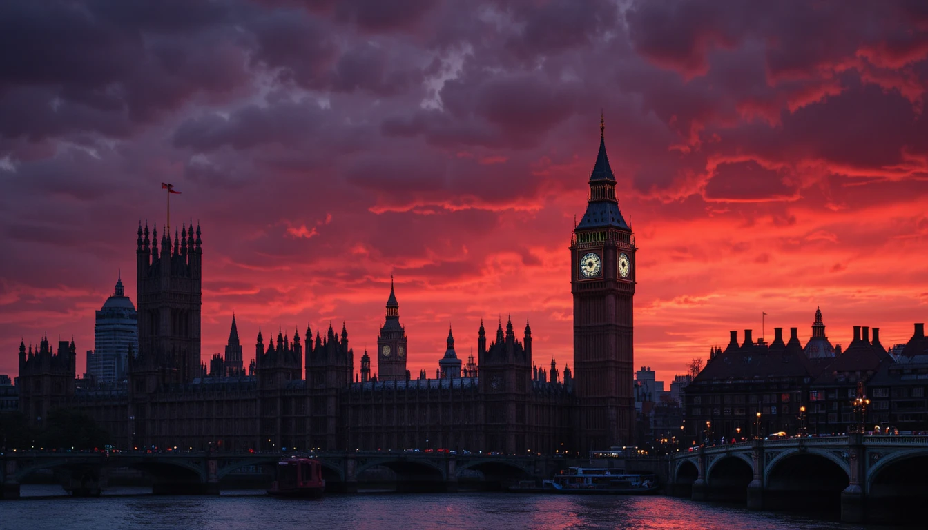 London city skyline at sunset with illuminated clock tower