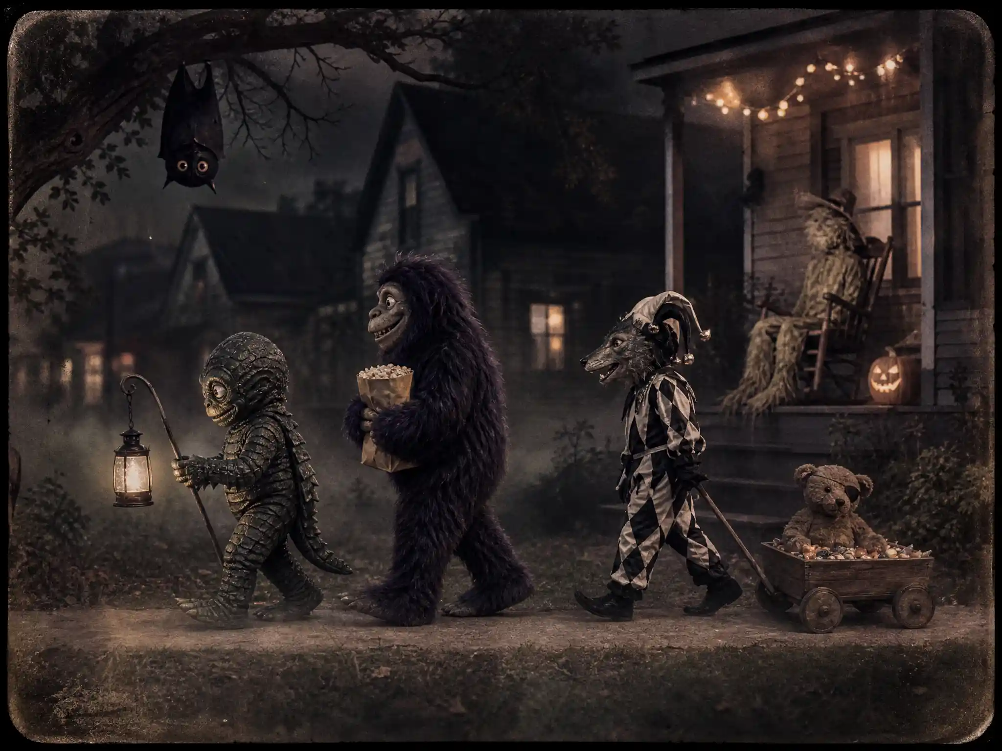 Three cute monsters trick or treating along a narrow path