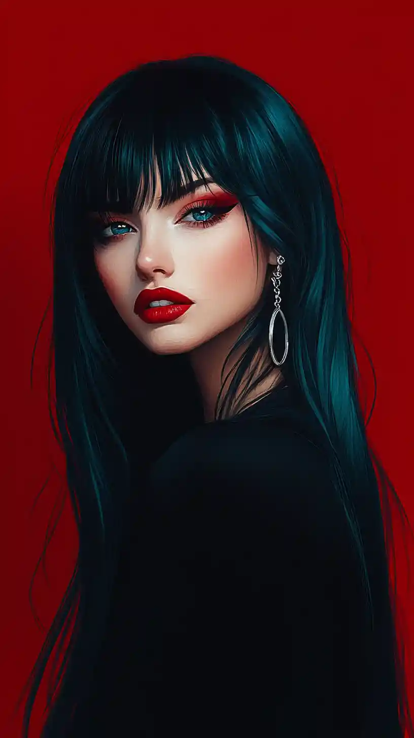 Anime portrait of a teal haired girl on red background