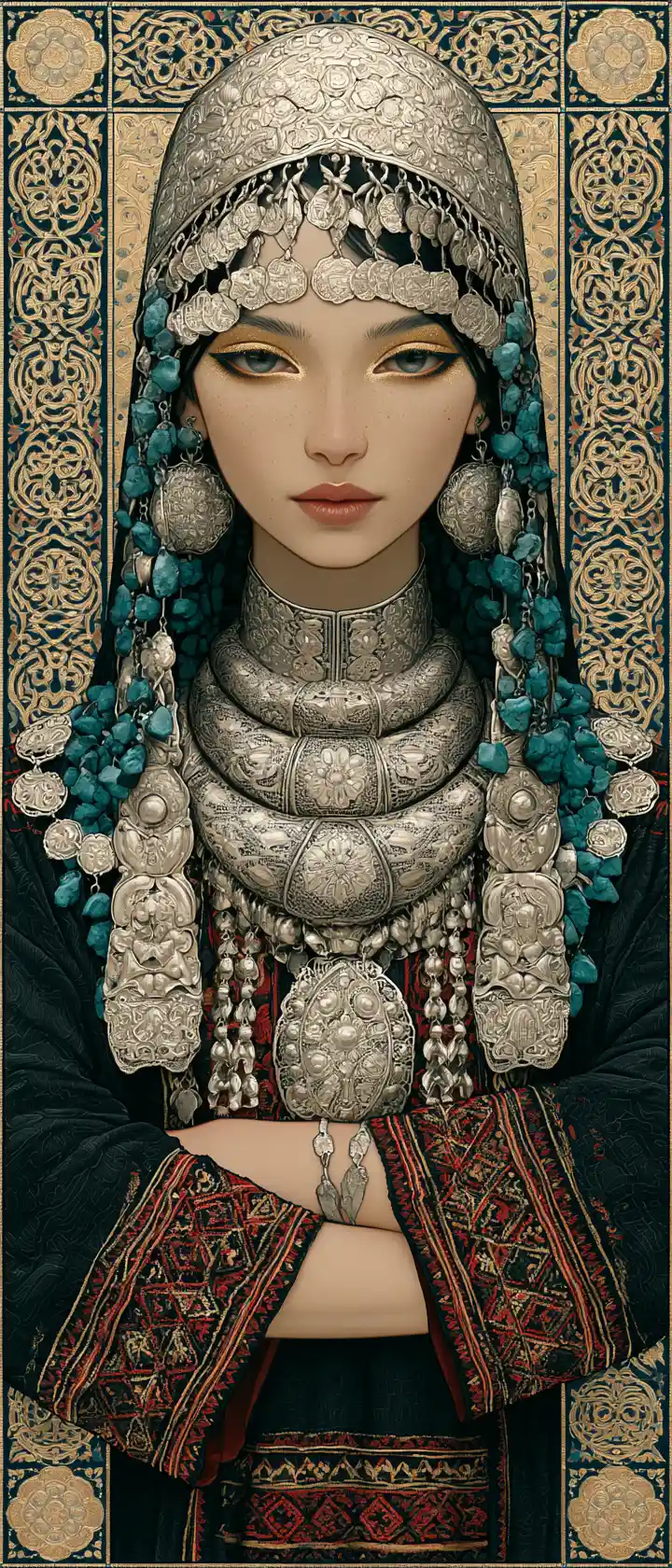 Arab woman in ornate yemeni silver jewelry portrait