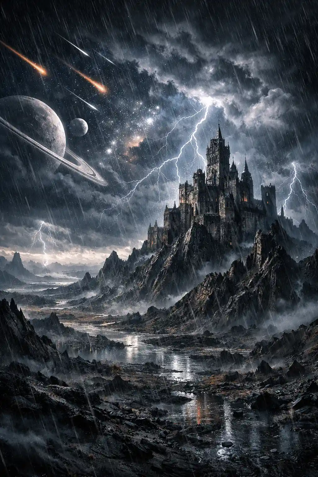 Alien castle beneath stormy skies in a desolate world